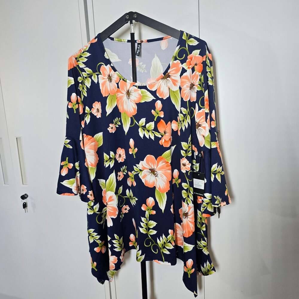 White Mark Women's Flower Print Tunic Top, Bell Sleeves, Size 2XL